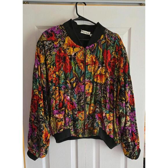 Jane Ashley Jackets & Blazers - Vtg Jane Ashley Zip Up Jacket Floral Art Large Rayon Womens embelished colorful